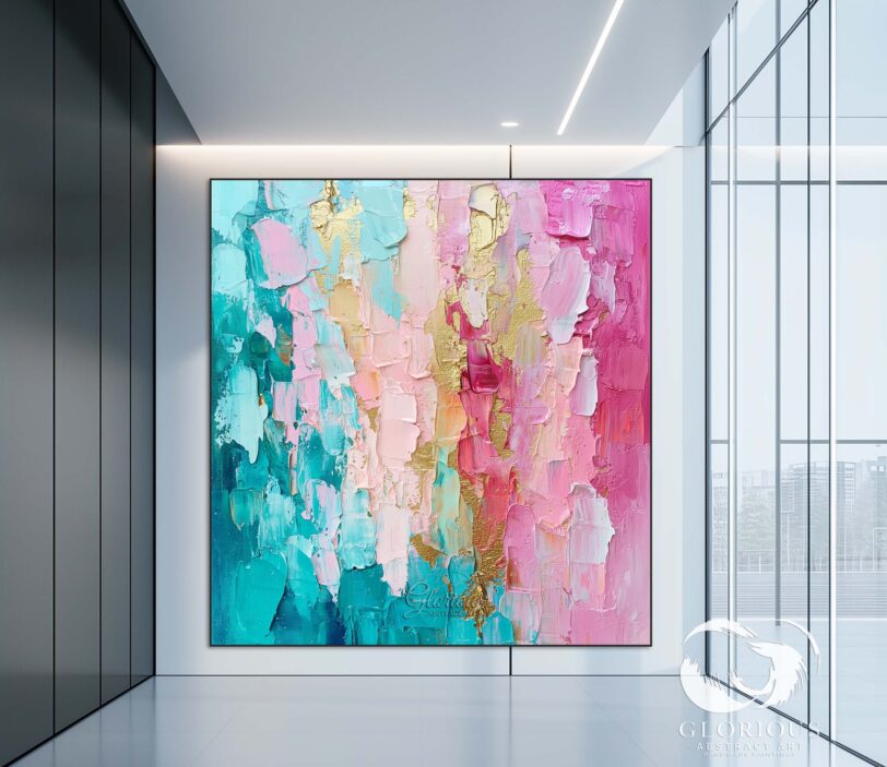 Detailed view of brushstrokes in a turquoise and pink abstract painting