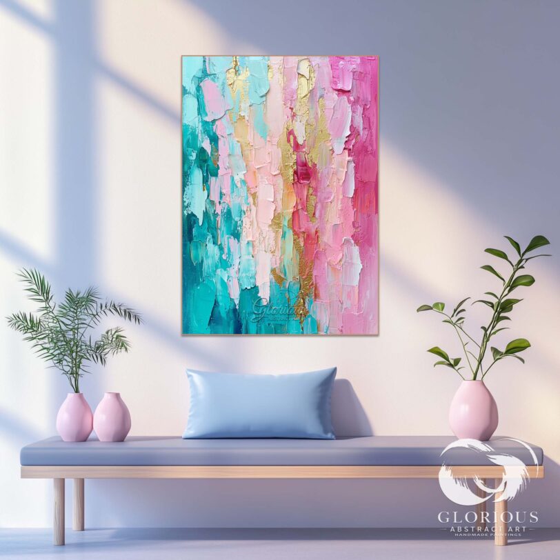 Abstract painting in turquoise, pink, and gold hanging above a modern sof
