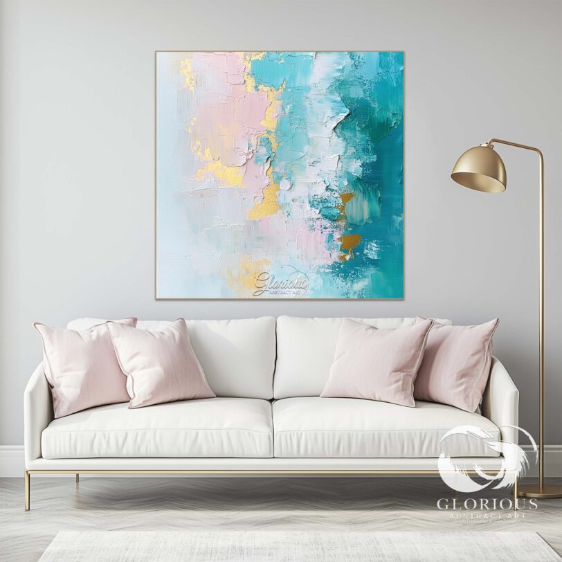 Close-up of textured blue and gold abstract painting with pink accents.