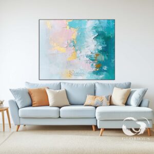 Textured abstract painting displayed in a bright living room with contemporary decor.