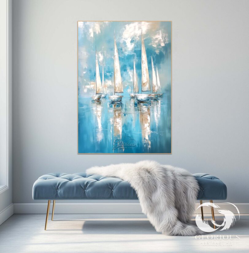 Abstract blue sailboats on a canvas, set against a soothing oceanic background.