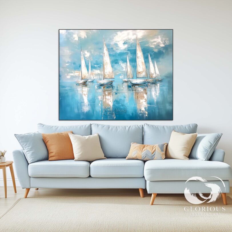 Large blue abstract painting of sailboats in a contemporary office setting.