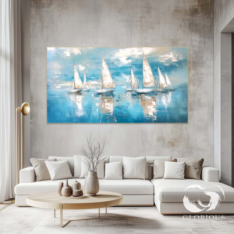 Blue abstract sailing painting with textured brushstrokes on canvas