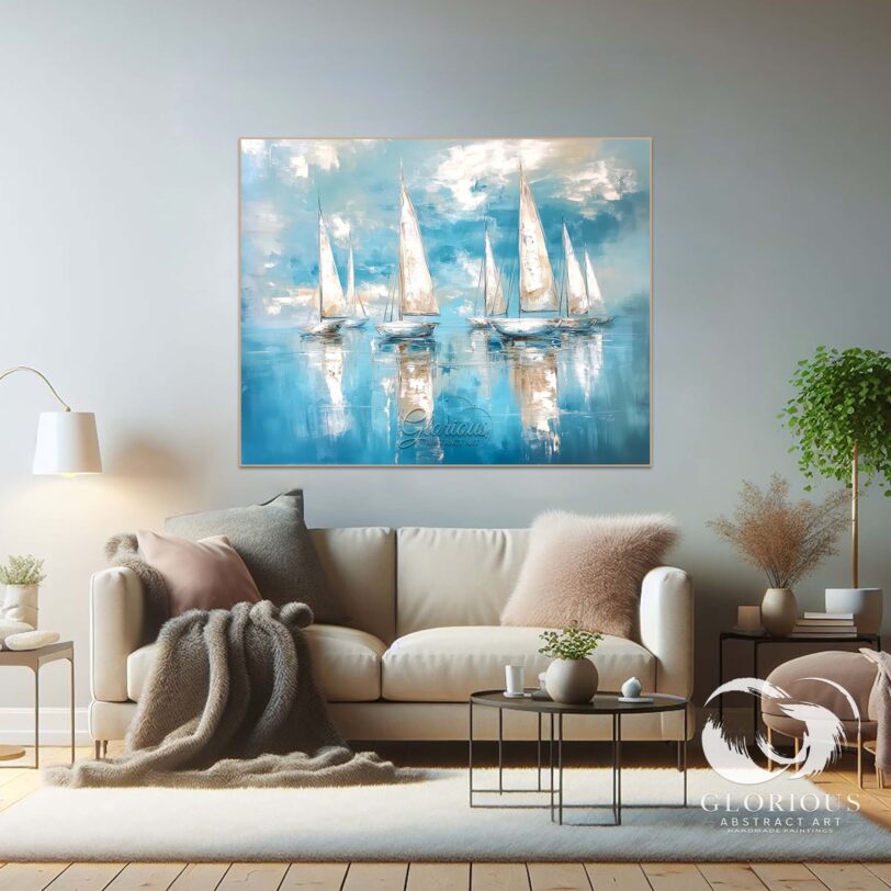 Close-up of textured brushstrokes in blue and white on a sailing abstract painting.