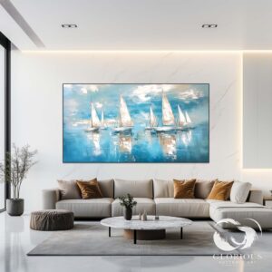 Large blue abstract sailing painting hanging in a modern living room