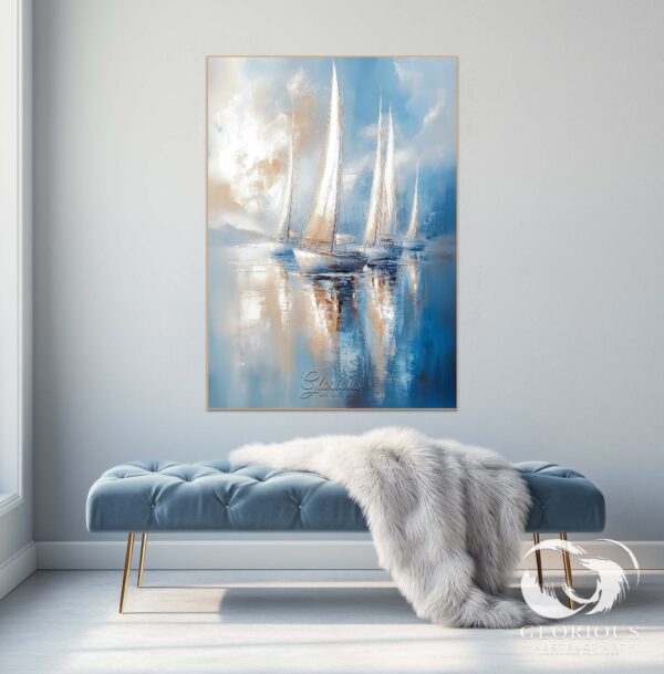 Detailed abstract painting of sailboats on a blue canvas, with textured brushstrokes.