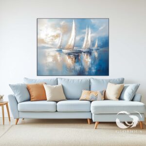 Abstract nautical painting with white sailboats on blue background, perfect for office decor.