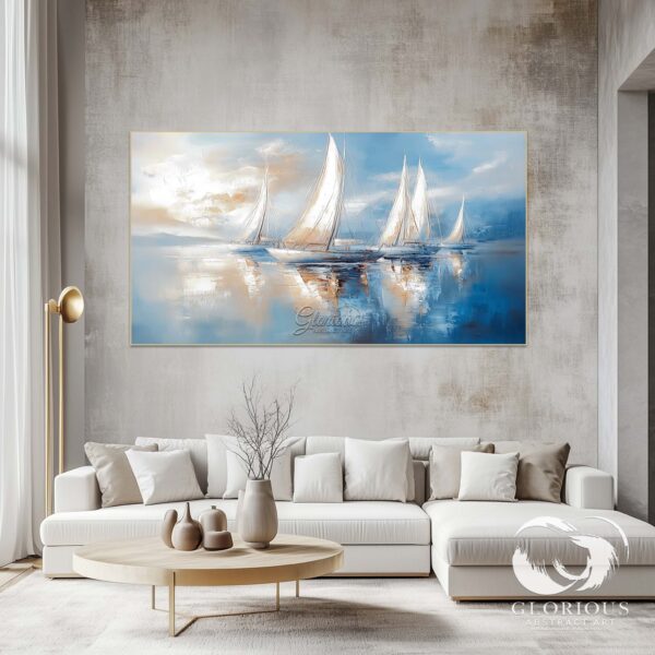 Close-up of abstract blue sailing painting with white sailboats.