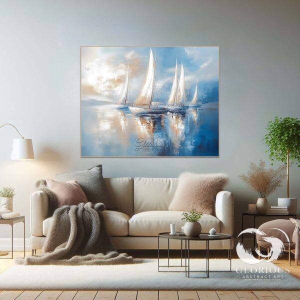 Large abstract painting with blue and white tones, showcasing sailboats on calm waters.