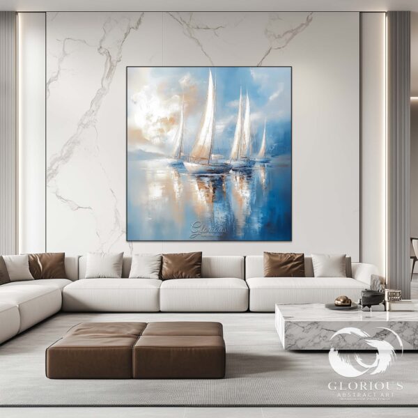 Abstract painting of white sailboats against a blue ocean backdrop, ideal for modern decor.