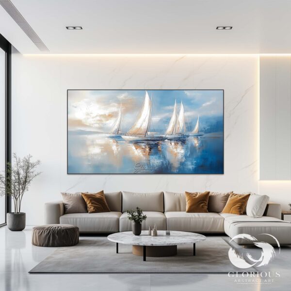 Blue and white abstract painting with sailboats, creating a relaxing vibe for home interiors