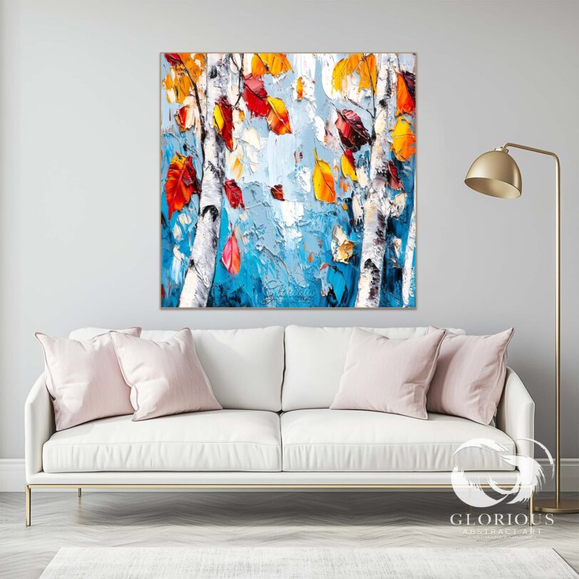Textured abstract painting with birch trees and autumn leaves on a blue background.