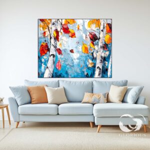 Contemporary autumn-themed painting with blue background and vibrant leaves.