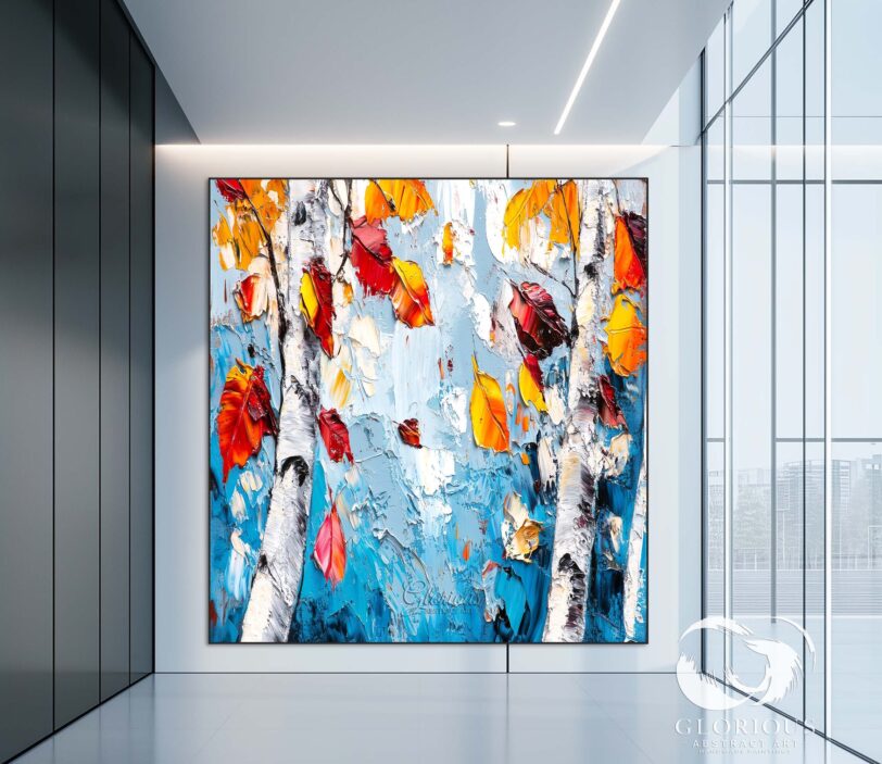 Autumn-inspired birch tree art with textured leaves on canvas