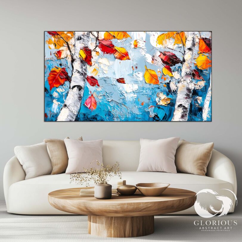 Large birch tree painting with textured fall leaves in orange, yellow, and red