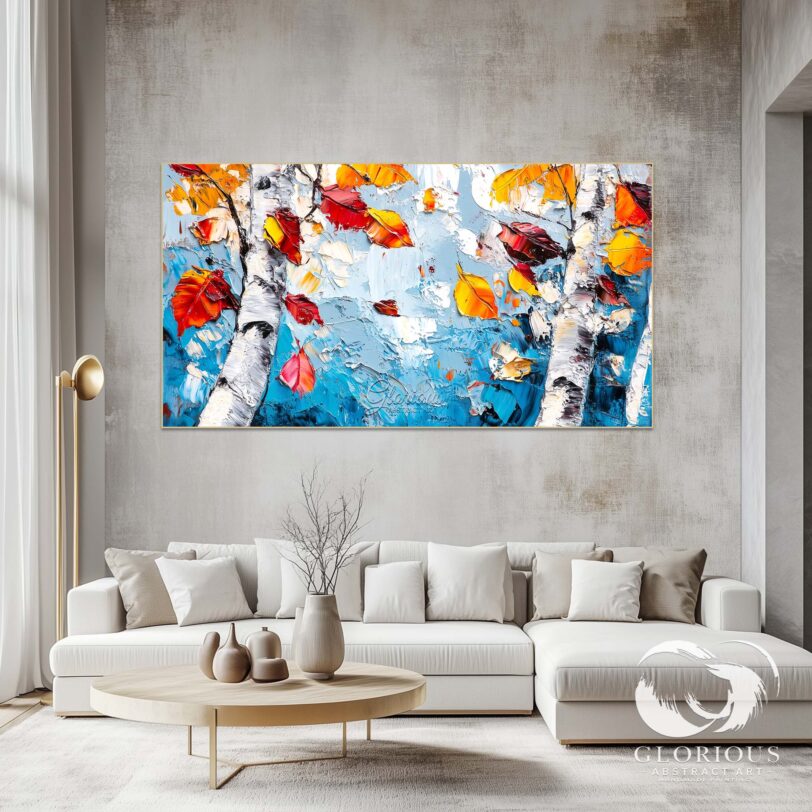 Large abstract wall art of birch trees with colorful fall leaves