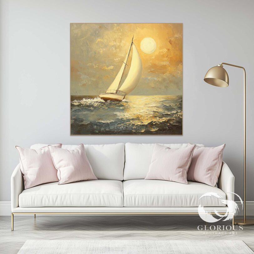 Golden abstract sailboat painting displayed in a minimalist office setting