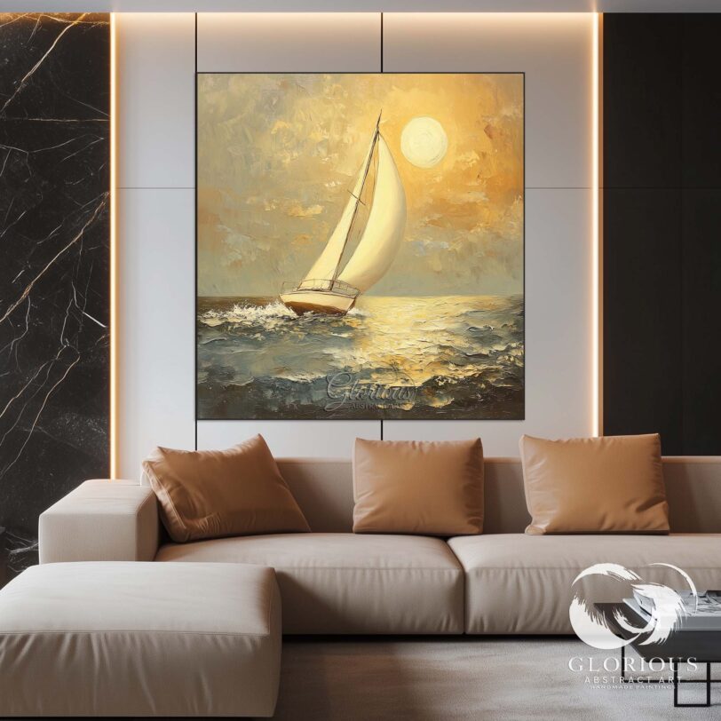 A large abstract canvas of a golden sailboat with textured ocean waves.