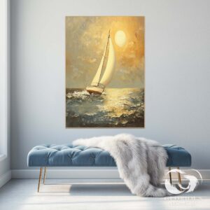 Golden sunset sailboat painting hanging above a modern living room sofa.