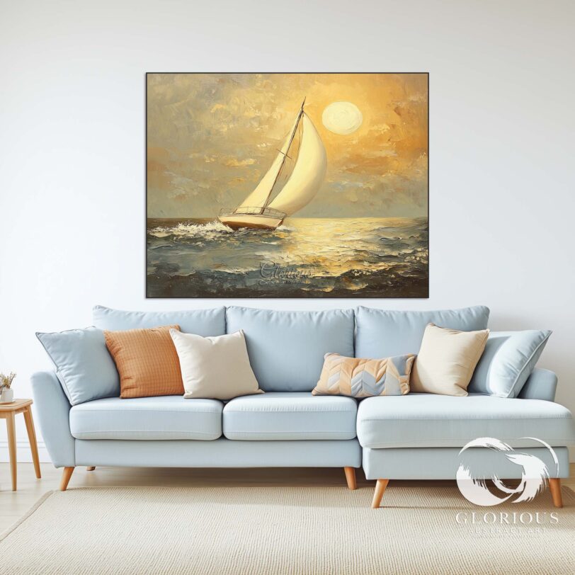 Close-up of textured brushstrokes in gold and beige tones on a sailboat painting.