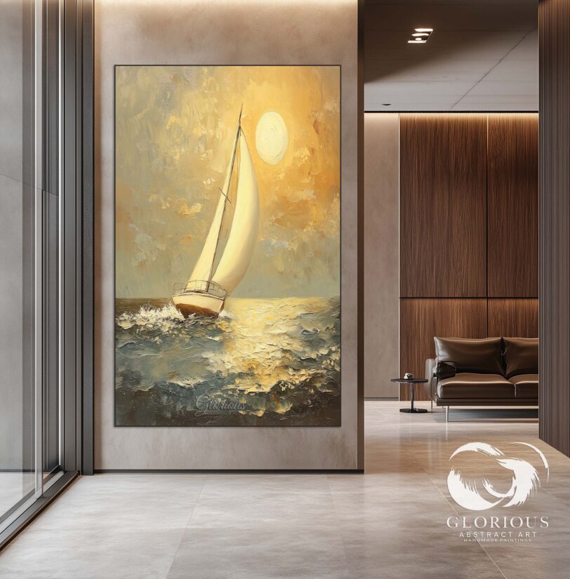 Golden sailboat abstract painting with textured ocean waves on canvas.