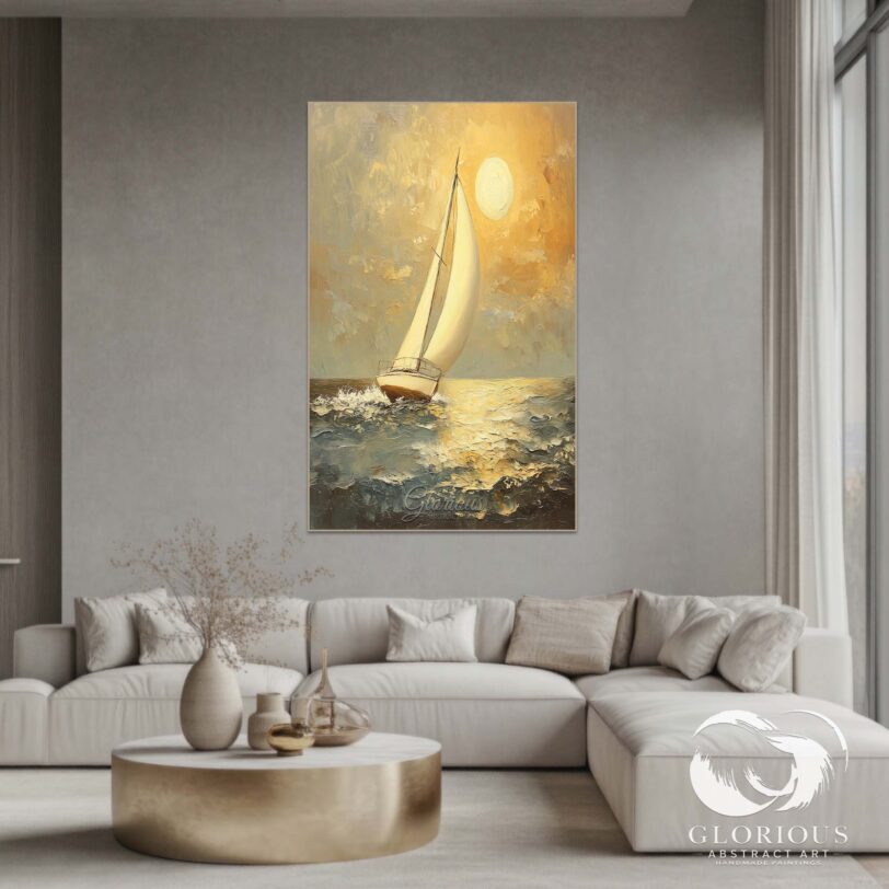 Detail shot of the sailboat and ocean waves in a golden sunset abstract painting