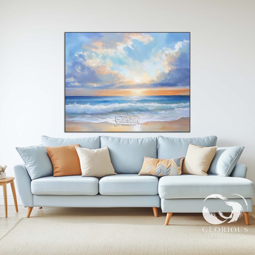 Close-up of blue and orange textured brushstrokes in ocean sunset art
