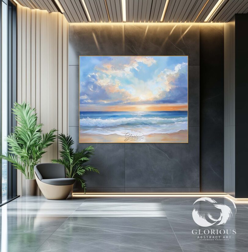 Abstract seascape painting featuring blue and orange brushstrokes