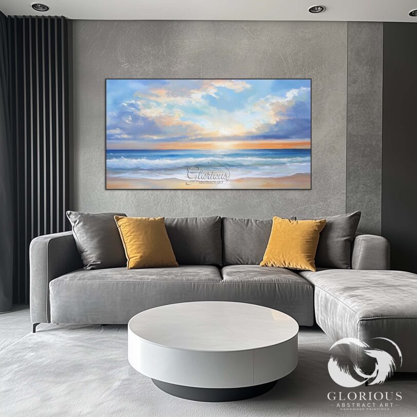 Modern abstract ocean sunset painting displayed in office space