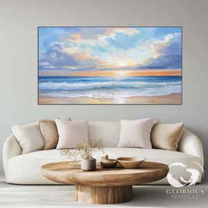 Abstract blue and orange ocean painting hung in a minimalist bedroom