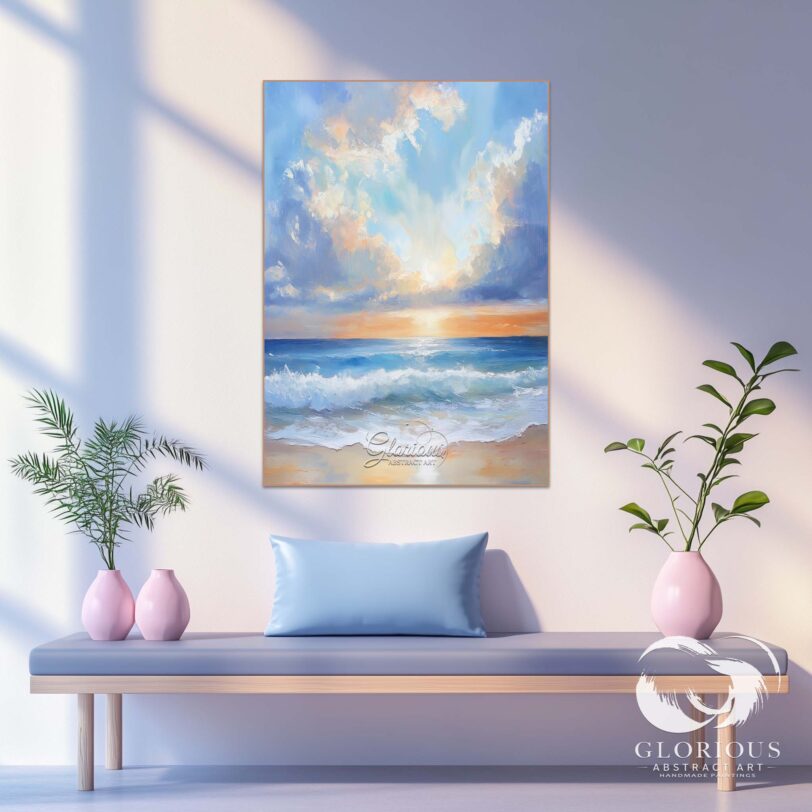 Large abstract ocean sunset painting in soft blue and orange