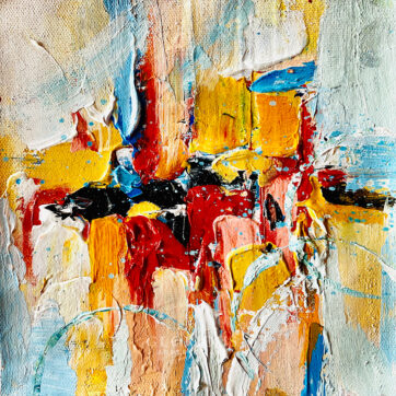 Small abstract painting with thick palette knife texture in red, yellow, blue, black, and white – vibrant modern expressive wall art.