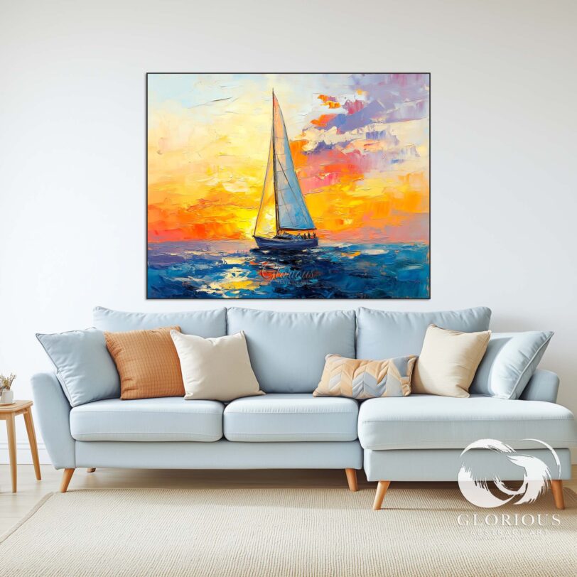 Large abstract sailboat painting hung in a modern dining area