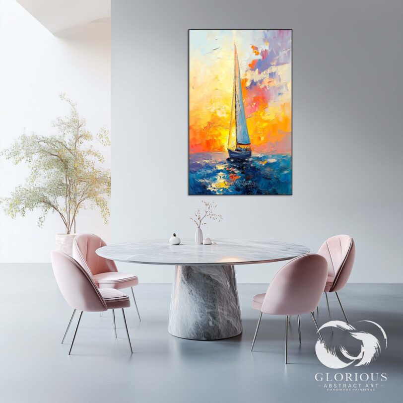Side view of a textured abstract painting featuring a sailboat and ocean scene