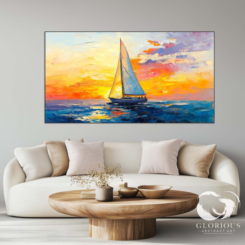 Abstract ocean and sailboat painting with vivid orange and blue tones