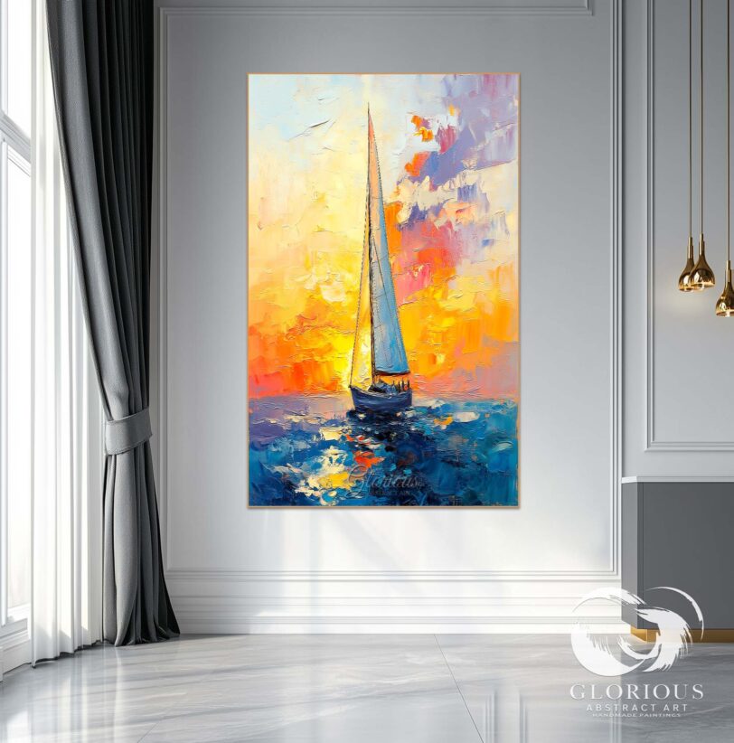 Modern abstract painting of a sailboat in a sunset, displayed in a home office.