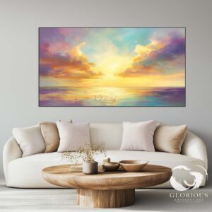 Golden sunset abstract painting displayed on a bedroom wall.