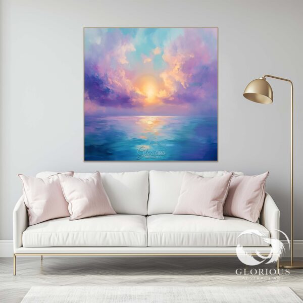 Abstract ocean sunset painting with golden reflections on calm water and purple-hued clouds.