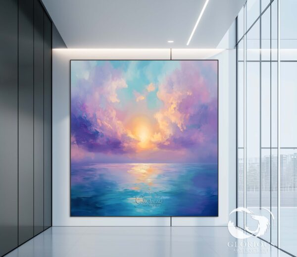 Modern coastal-inspired abstract canvas with soft blue waters and sunset glow.