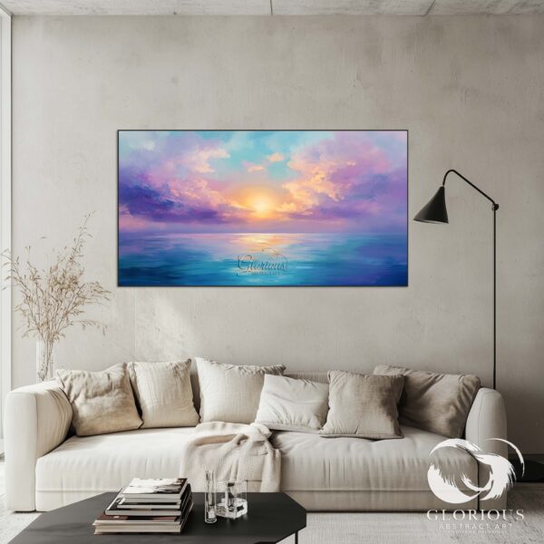 Vibrant abstract painting of a sunset over the ocean with textured details.