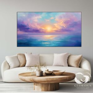 Elegant abstract ocean artwork featuring a golden sun, blue reflections, and dreamy clouds.