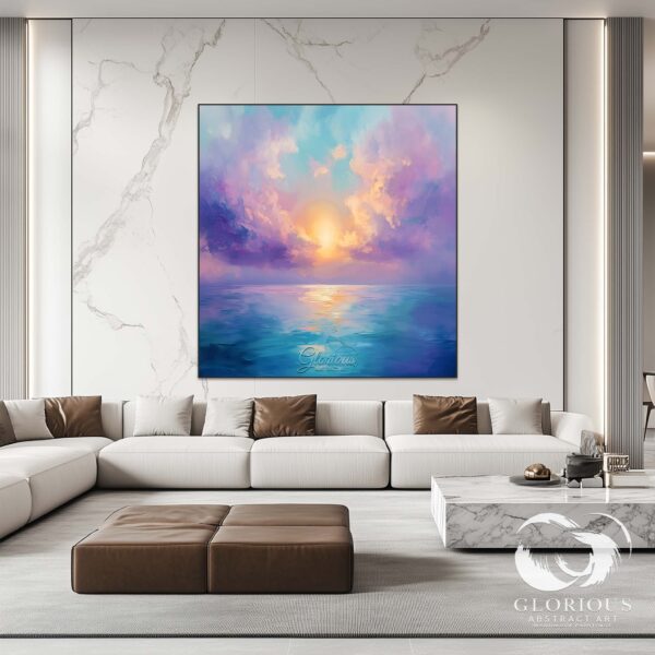 Full view of a large abstract ocean canvas featuring golden sun and peaceful waters.