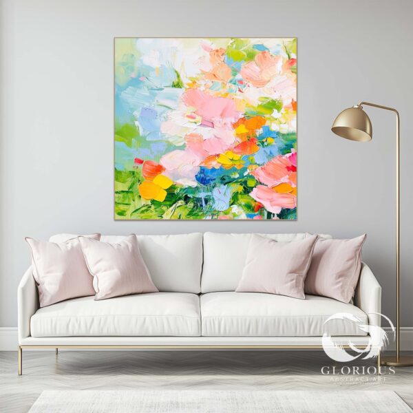 Textured abstract floral artwork with a vibrant mix of colors, enhancing a modern, minimalist room.