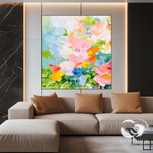 Modern abstract floral painting with textured details and vibrant pink flowers, adding energy to a living space.