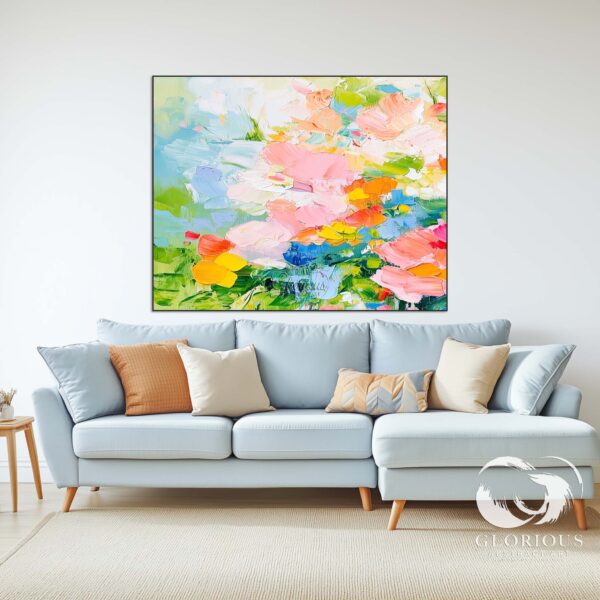 Colorful textured floral abstract art displayed on a white wall, highlighting pink and green hues.