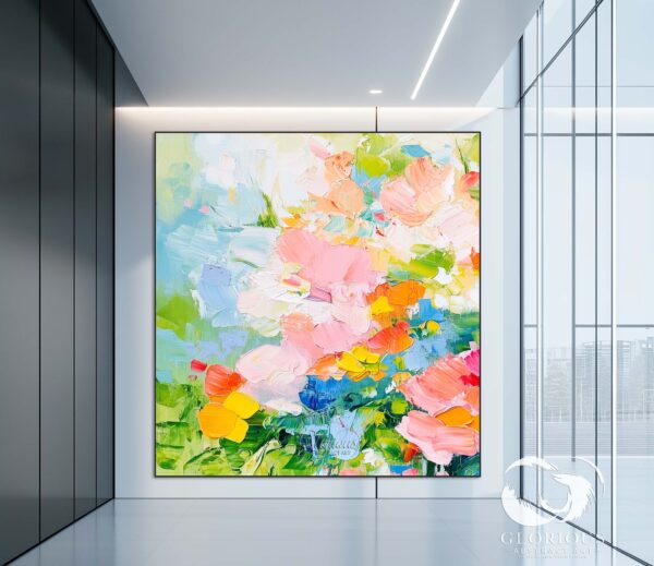 Large abstract floral painting with colorful textures and bold brushstrokes, hung in a contemporary living room.