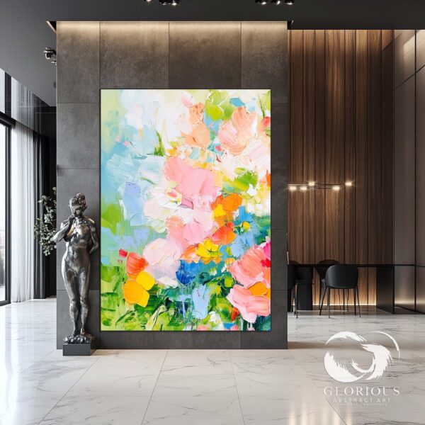 Abstract painting featuring vibrant floral textures in pink, green, and yellow tones, ideal for modern interiors.