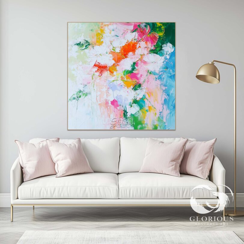 Colorful abstract floral painting with pink, orange, and green tones.