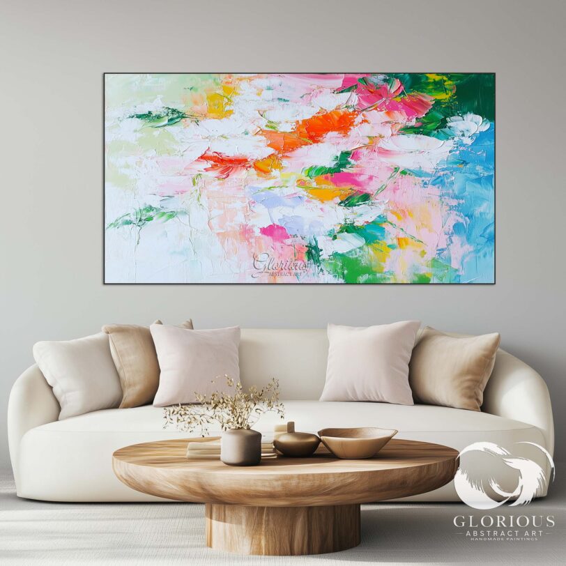 Abstract floral painting on canvas with pink, green, and white tones.