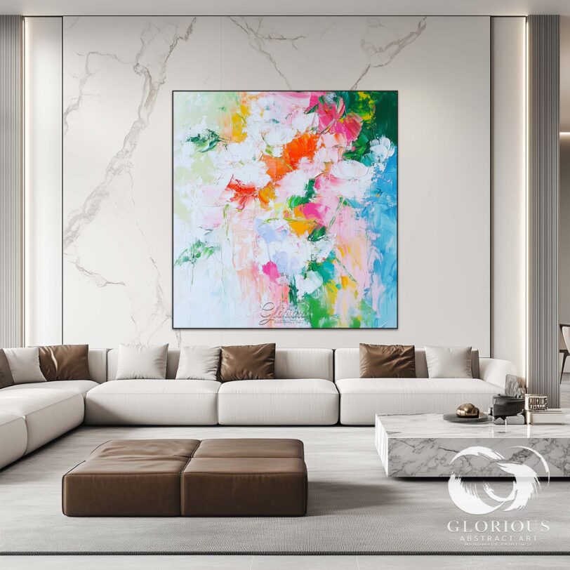 Large vibrant abstract painting displayed in a modern dining room.